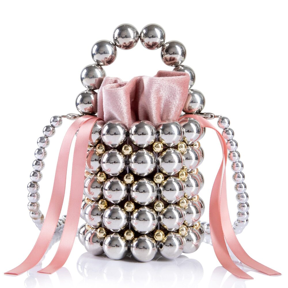 9826 Beaded Evening Bucket Bag Small Lipstick Handbag with Detachable Chain - Picture 4 of 6